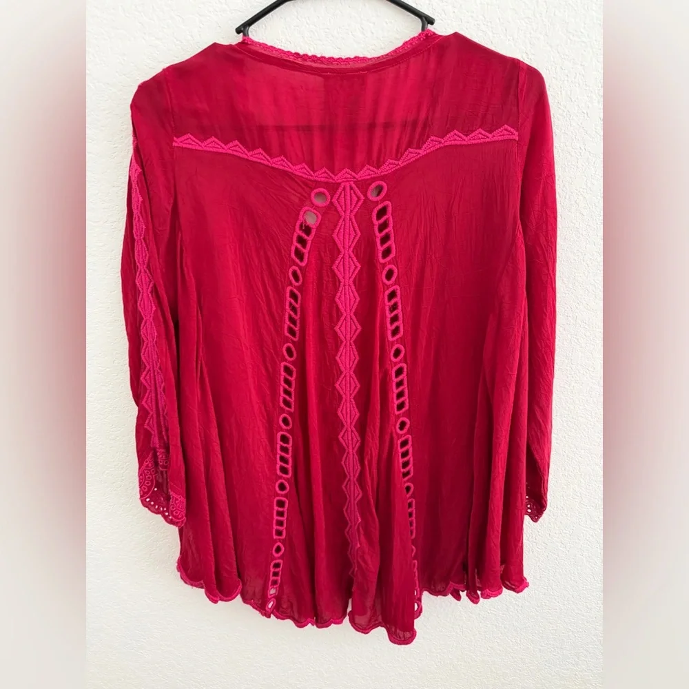 Johnny Was Blouse Small Pink and Red Embroidered Flowy Boho shirt - Picture 2 of 6